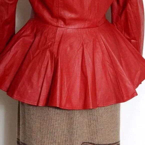 NWT Vintage XS Womens 80s Red Leather Peplum CHIA Fitted Sexy Cinch Jacket Coat - Picture 16 of 16